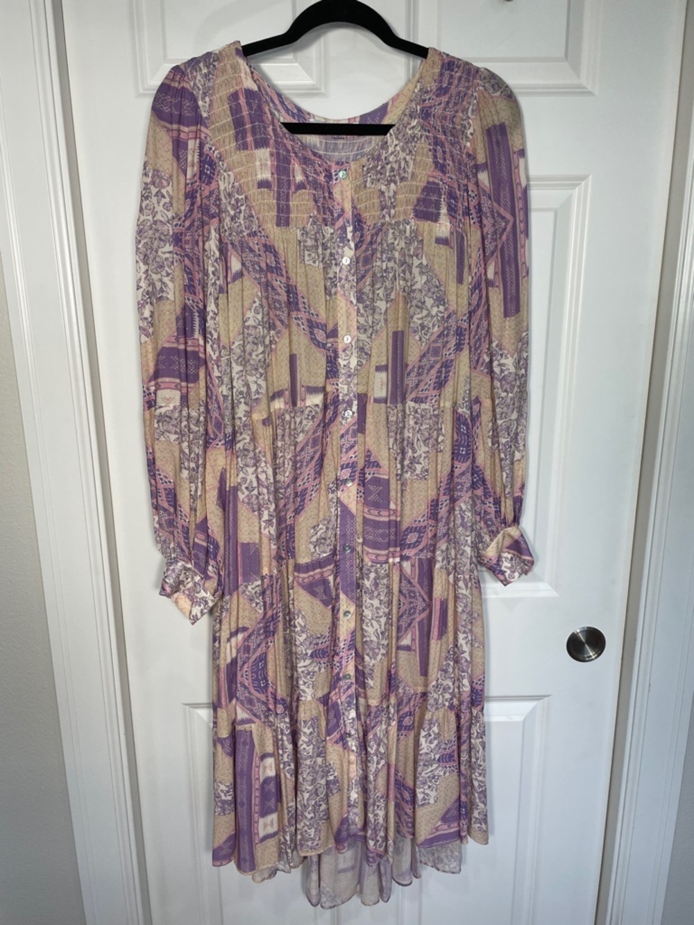 Olivaceous High Low Midi Dress Medium Smocked Button Up Pastel Tiered Floral